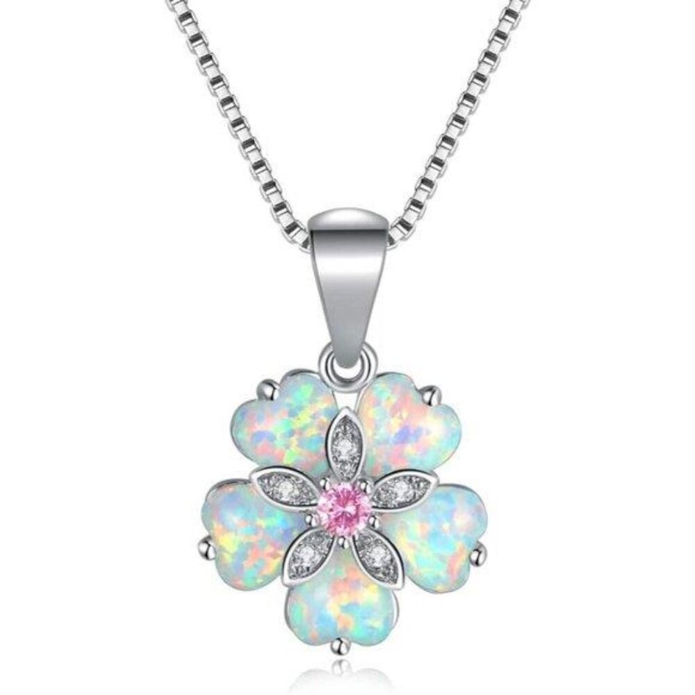 White Gold Plated Flower Opal Necklace with Pink Topaz & Zircon, 18-inch chain